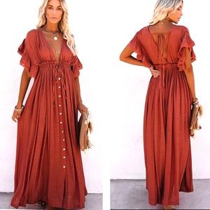 Boho Maxi Dress Gauze Button Front Beach Dress